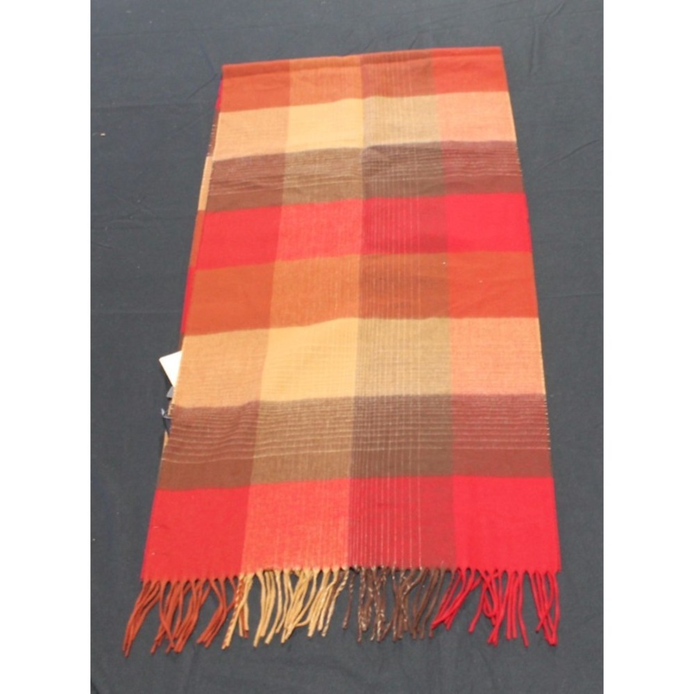 NWT FRAAS Plaid Fringe Scarf Wrap Shawl Red Brown Tan 18x78 Oversized Germany